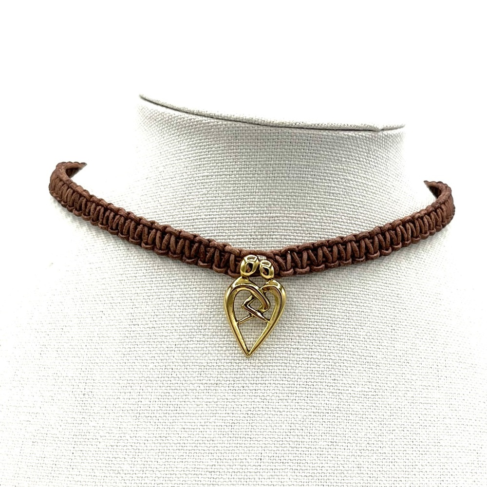 Hand Crafted Brown Woven Choker Necklace with Brass Heart Pendant